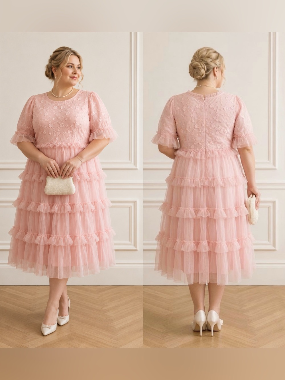 JessaKae Harper Pink Lace Tiered Tulle Midi Dress Floral Embroidered Ruffles XL